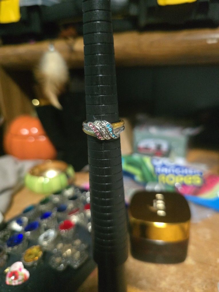 Size 9 Blue, White And Pink Topaz Band