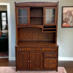 Vintage Havertys Dark Brown Office Desk w/ Hutch & Sliding Lights