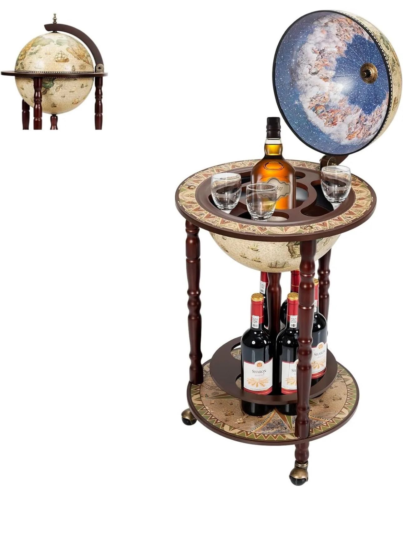 Wood Globe Bar Liquor Cabinet - Italian Replica, Vintage Alcohol Cart