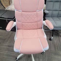 Ergonomic Office Chair Pink PU Leather Desk Chairs Computer Chair with Wheels and Flip-up Arms,Rolling Swivel Task Chair for Women,Girls