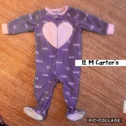 12 M baby girl Carter’s pajamas fleece footed, gray pink zip heart cute love hi words