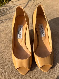 Jimmy Choo Baxen Nude Patent Leather Peep-Toe Wedges