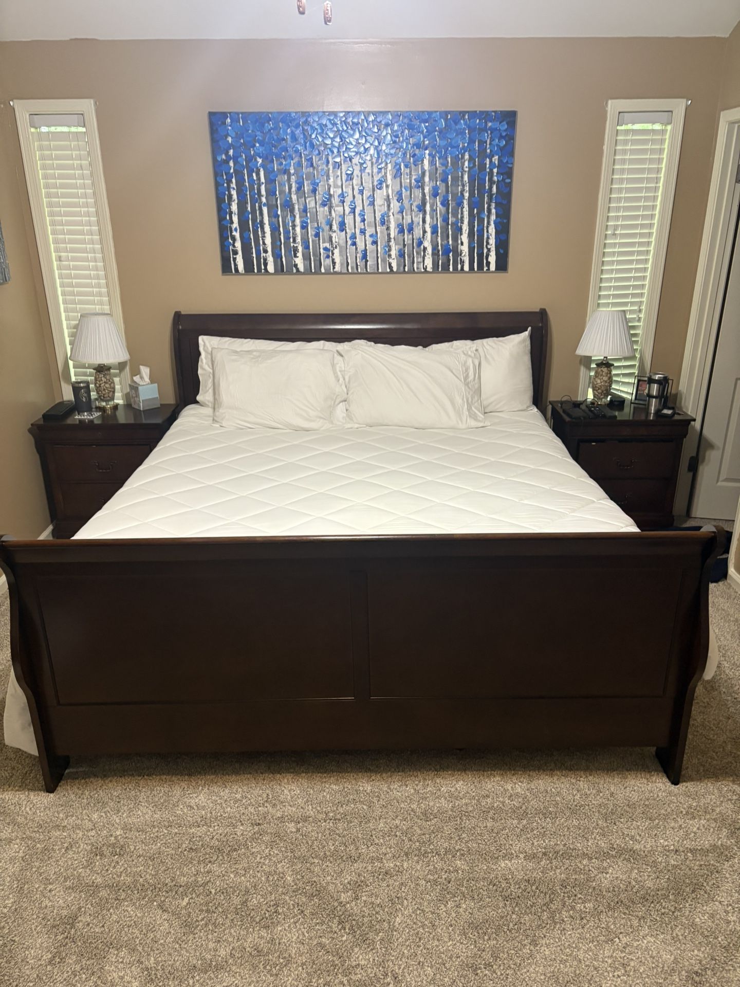 Cherry Wood 6 Piece King Bedroom Set w/Sleigh Bed Frame + Mattress + Box Spring