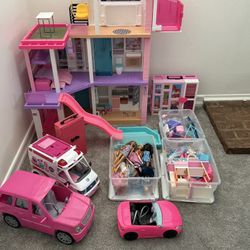 Barbie Dream House, Ambulance, Corvette, Party Bus, Vet Clinic, Closets, Dolls, Clothes, Accessories