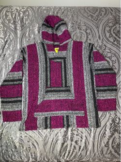 VTG Iguana Jack Baja Hippie Mexican Blanket Hoodie Cranberry/Grey/Blk Size XL