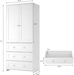 71" Tall Armoire Wardrobe Closet with Drawers and Mirror Clothing Storage Cabinet with Hanging Rod, 2 Doors Wooden Wardrobe Cabinet for Bedroom, Large