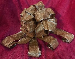 Christmas Gold Glitter 13” Bow 71” Ribbon Tree Topper Like NEW!
