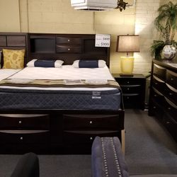 Brand New Dark Cherry Queen Captain Bedframe + Dresser + Mirror + Nightstand 4PCs Set