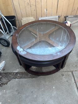 Round Wood and Glass Coffee Table with Ottoman Stools