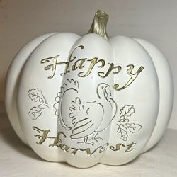 Happy Harvest GIANT White Pumpkin With Gold Stem & Script 