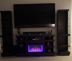 Electric Fireplace Entertainment Center TV Stand with Side Shelves