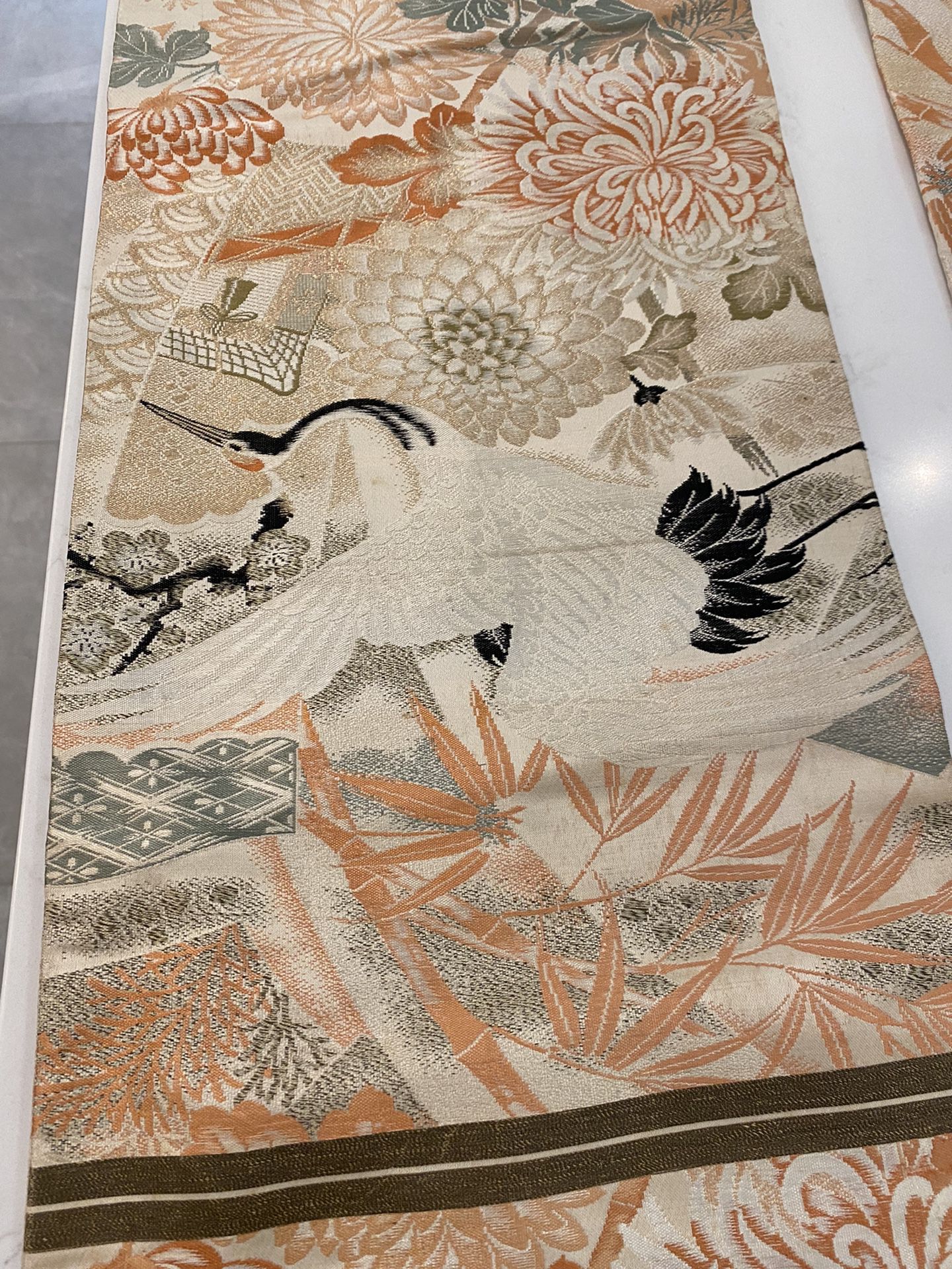 Raw Silk Obi, Cranes And Bamboo Design