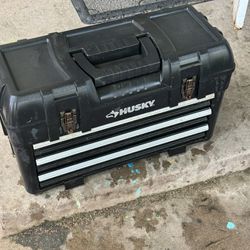 Husky Tool Box, Full Of Yard Sprinkler Riders and Parts