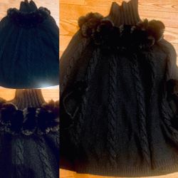 INC Embellished Cable Knit Convertible turtle neck sweater cape/faux fur s/M