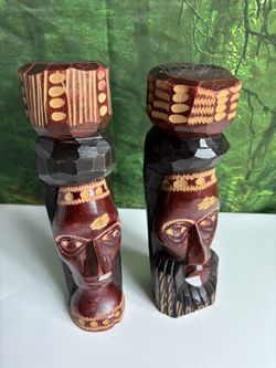 Genuine Hand Carved Jamaican Wooden Tiki Totem Head Figurines Tiki Décor Pair
