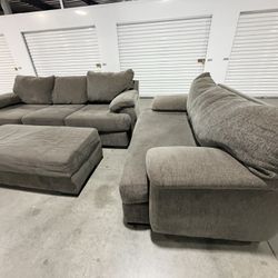 Comfy XL grey sectional 3 piece sofa with storage ottoman