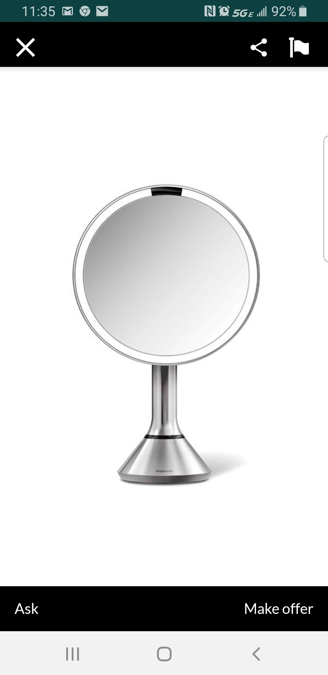 Simple Human Sensor Lighted Makeup Vanity Mirror, 8" Round with Touch-Control Brightness, 5X Magnification, Stainless Steel, Rechargeable and Cordless