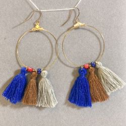 Gold Hoops with Blue/Brown/Gray Fringe