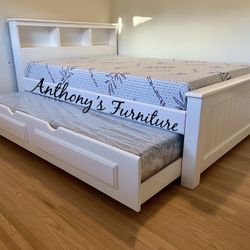 White Full Bed With Trundle And Memory Foam Mattresses 