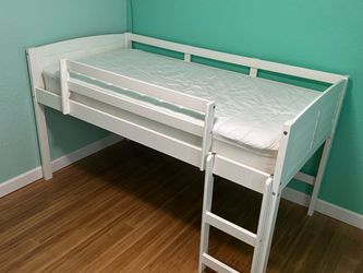 White Wood Twin Low Loft Bed with Ladder