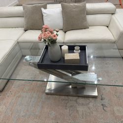 Modern Adjustable Glass Coffee Table / Dining Table - Stainless Steel Base