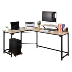 L-Shaped Computer Study Corner Desk with Monitor Stand Shelf and CPU Stand