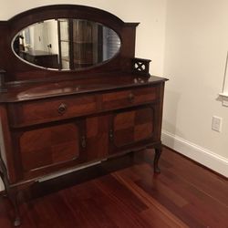 Antique Sideboard / Buffet w/ Attached Oval Mirror