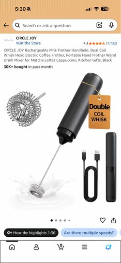 CIRCLE JOY Rechargeable Milk Frother USB-C Double Whisk - NEW