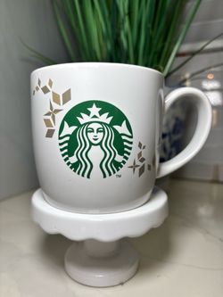 Starbucks Holiday Mug 2013 | Vintage Ceramic Coffee Cup Green Siren Gold Stars 14oz