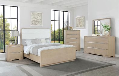 New Modern 5-Piece Queen Bedroom Set | Light Elm Finish, Upholstered Headboard, Brushed Nickel Accents