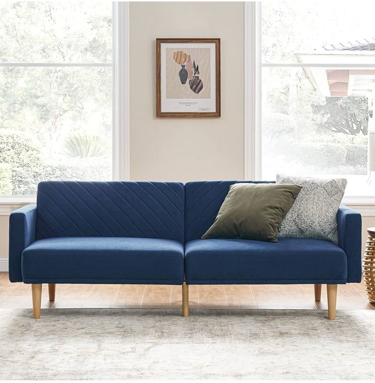 NS2102-SCB 76.8" Futon Sofa Bed, Mid Century Modern Futon Couch, Classic Blue Velvet Small Couch, Sleeper, Loveseat, Sofa Cama, Couches for Living Roo