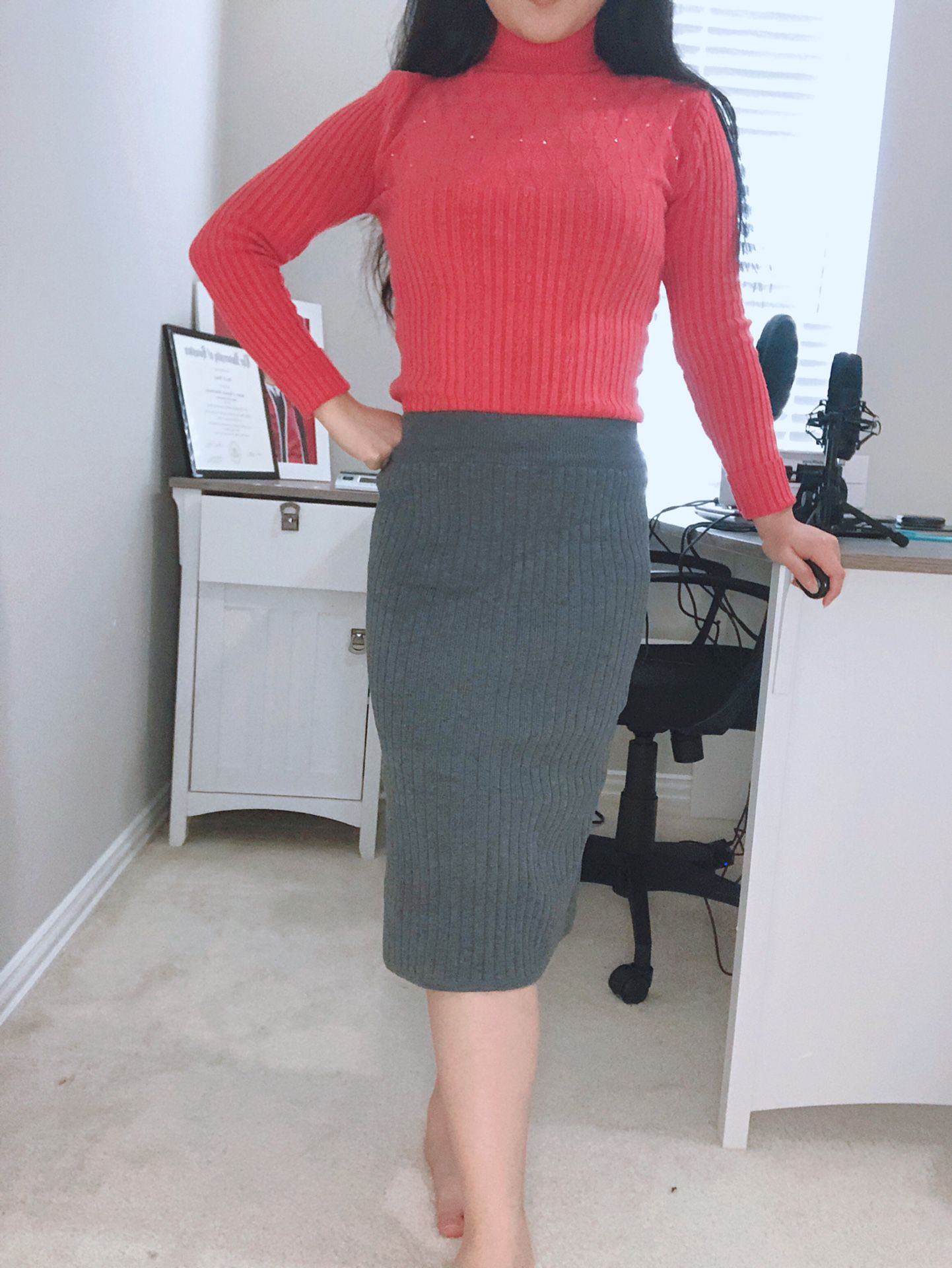 Women winter knit midi pencil office straight bodycon skirt
