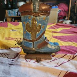 Vintage  hand painted metal Christmas  stocking  cowboy boot.