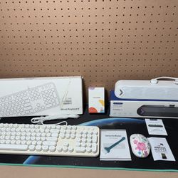 White Wired Keyboard, Wireless Mouse, & Speaker Bundle 