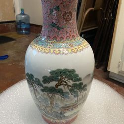 VTGE. CHINESE FAMILLE ROSE SEASCAPE AND MOUNTAIN 12 1/4" X 5 1/2" PORCELAIN VASE
