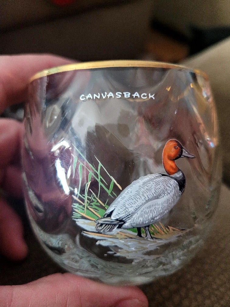 6 Ned Smith Roly Poly Low Ball Hand Painted Game Bird Glasses - Gold Rims