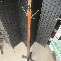 Vintage Solid Wood Coat Rack with Brass Hooks – 68.5”