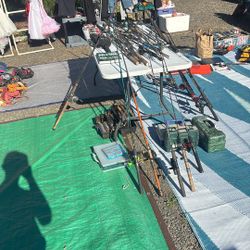30 fishing poles six tackle boxes, five packs of fishing line