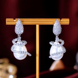 Symmetrical Rotating Cubic Zircon Luxury Drop Dangle Big Pearl Earrings 