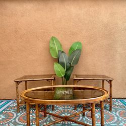 Coffee Table Side End Tables Vintage Mid-Century Modern Retro Smoked Glass Faux Bamboo MCM Antique