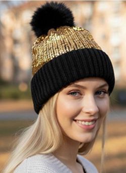 Beanie with Gold Sequins and Pom  Pom