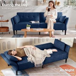 89” Futon Sofa Bed, Velvet Fabric Comfy Futon Couch Bed with 2 Square Pillows, Convertible Sleeper Sofa with Adjustable Backrest& Armrests, Modern Lov