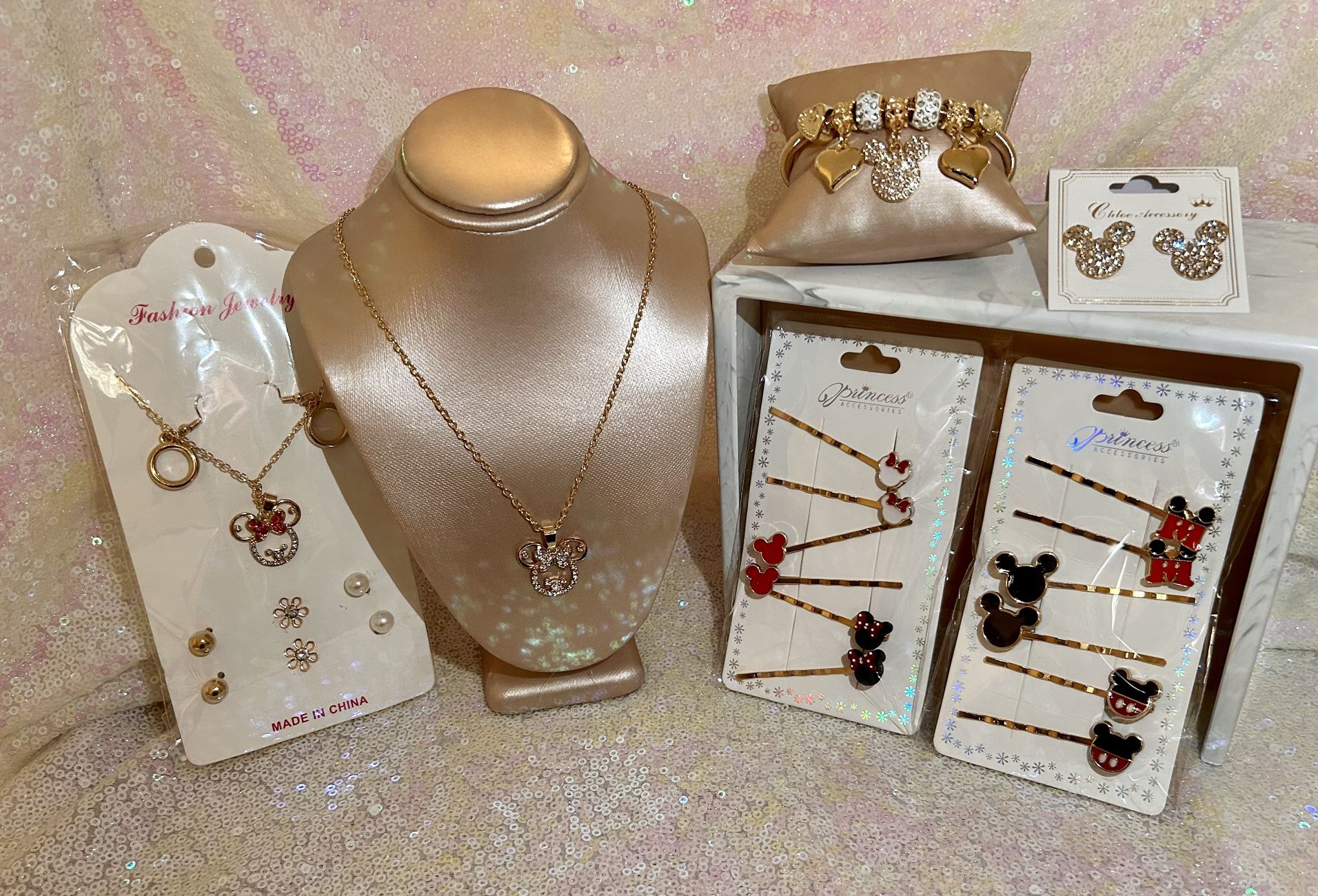 Disney Mickey Mouse & Minnie Mouse Jewelry, Accessories, Necklace, Bracelets, Earrings, Hair Pins Set #1