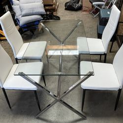 Dining Chairs Set of 4, White Chairs for Dining Room, High Back Kitchen Chairs with PU Leather Seat and Metal Frame