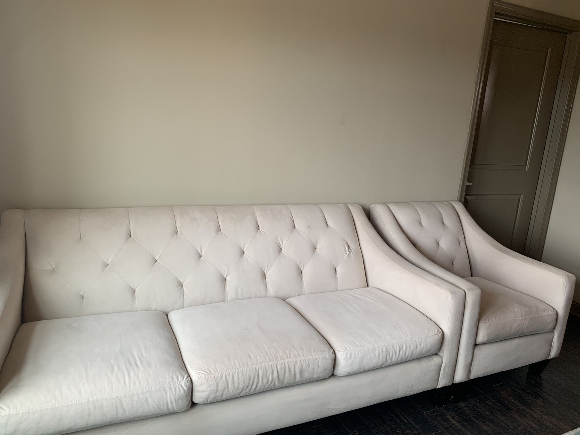Ivory Velvet Tufted Sofa and Chair Set