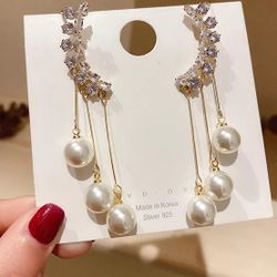 Fashion Trendy Real Gold Plated Crystal Pearl Drop Earrings.