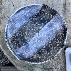 Handcrafted Folk Art Pottery Bowl – Signed ATR – Custom Roller Pattern – 12” Studio Piece  ⸻  DESCRIPTION:  Handcrafted folk-art pottery bowl, signed 