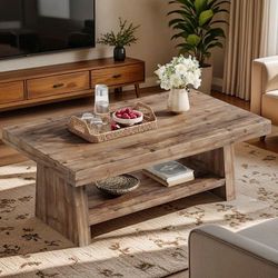 47 Inch Farmhouse Rustic Vintage Carbonized Solid Wood 2-Tier Rectangular Coffee Table Center Ta ble with Storage Sh elf Distressed Charred Wood Coffe