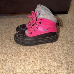Nike Kids Bright Pink and Gray Boots size 13. Needs new shoelaces. Still work but 1 is falling apart 