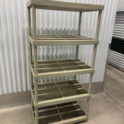 Keter 5 shelf’s storage rack…36” wide, 24” depth, 6 feet high. $50